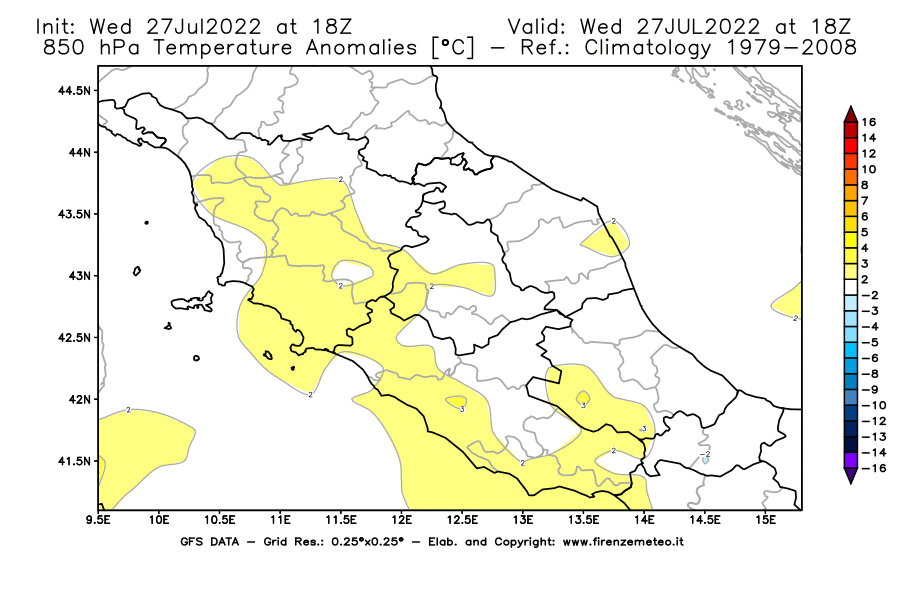 GFS analysi map - Temperature Anomalies [°C] at 850 hPa in Central Italy
									on 27/07/2022 18 <!--googleoff: index-->UTC<!--googleon: index-->