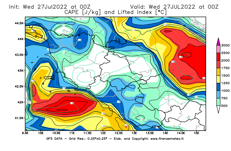 GFS analysi map - CAPE [J/kg] and Lifted Index [°C] in Central Italy
									on 27/07/2022 00 <!--googleoff: index-->UTC<!--googleon: index-->