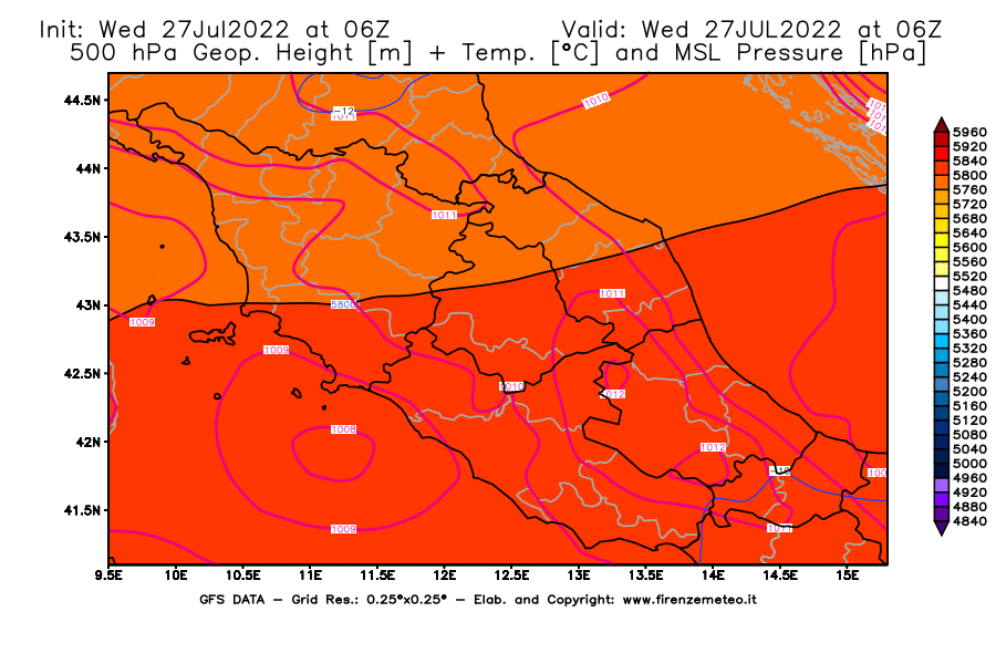 GFS analysi map - Geopotential [m] + Temp. [°C] at 500 hPa + Sea Level Pressure [hPa] in Central Italy
									on 27/07/2022 06 <!--googleoff: index-->UTC<!--googleon: index-->
