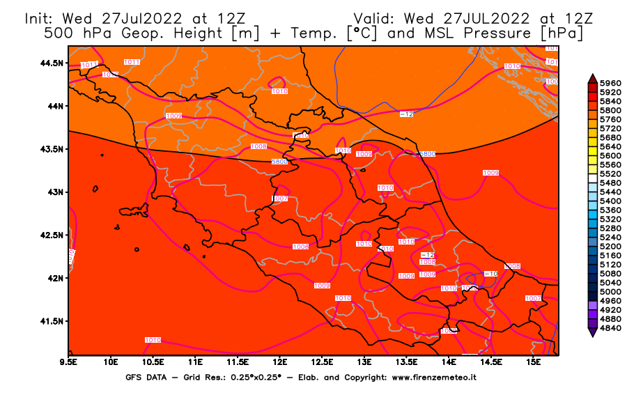 GFS analysi map - Geopotential [m] + Temp. [°C] at 500 hPa + Sea Level Pressure [hPa] in Central Italy
									on 27/07/2022 12 <!--googleoff: index-->UTC<!--googleon: index-->