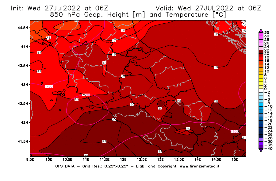 GFS analysi map - Geopotential [m] and Temperature [°C] at 850 hPa in Central Italy
									on 27/07/2022 06 <!--googleoff: index-->UTC<!--googleon: index-->