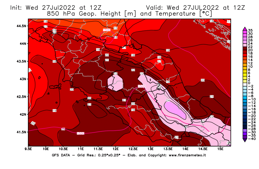 GFS analysi map - Geopotential [m] and Temperature [°C] at 850 hPa in Central Italy
									on 27/07/2022 12 <!--googleoff: index-->UTC<!--googleon: index-->