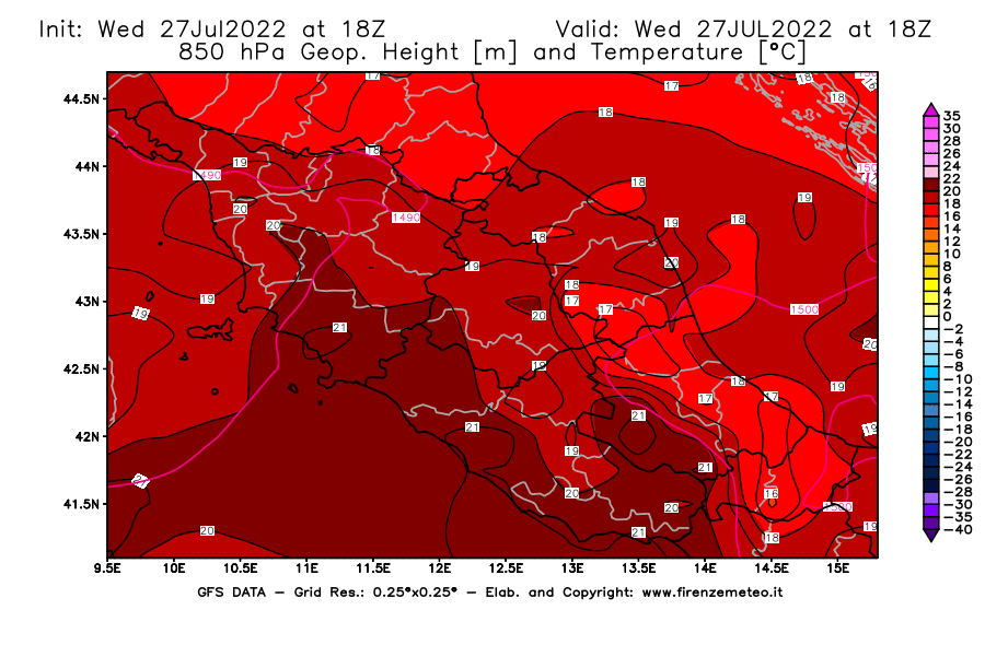 GFS analysi map - Geopotential [m] and Temperature [°C] at 850 hPa in Central Italy
									on 27/07/2022 18 <!--googleoff: index-->UTC<!--googleon: index-->