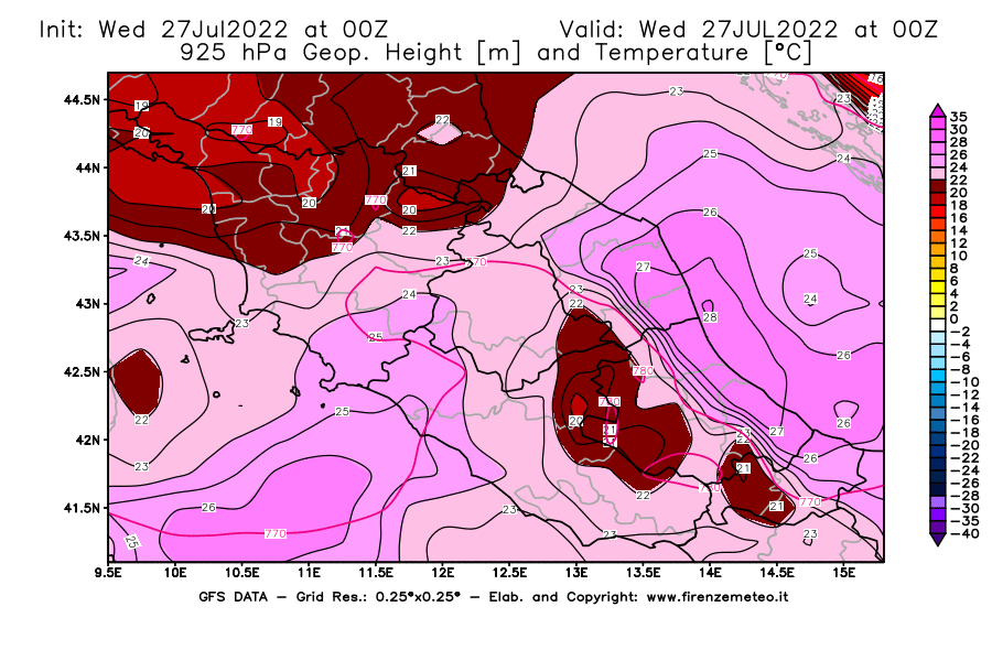GFS analysi map - Geopotential [m] and Temperature [°C] at 925 hPa in Central Italy
									on 27/07/2022 00 <!--googleoff: index-->UTC<!--googleon: index-->