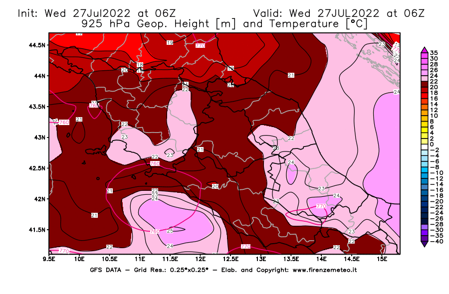 GFS analysi map - Geopotential [m] and Temperature [°C] at 925 hPa in Central Italy
									on 27/07/2022 06 <!--googleoff: index-->UTC<!--googleon: index-->