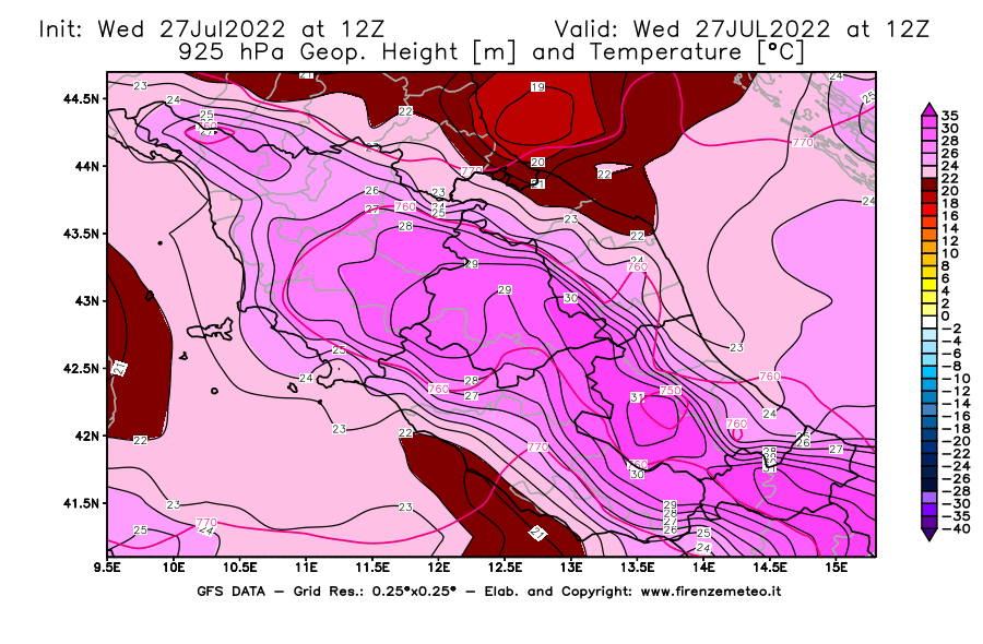 GFS analysi map - Geopotential [m] and Temperature [°C] at 925 hPa in Central Italy
									on 27/07/2022 12 <!--googleoff: index-->UTC<!--googleon: index-->