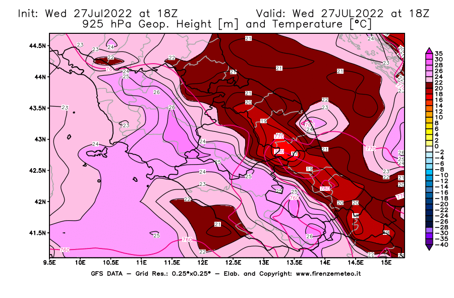 GFS analysi map - Geopotential [m] and Temperature [°C] at 925 hPa in Central Italy
									on 27/07/2022 18 <!--googleoff: index-->UTC<!--googleon: index-->