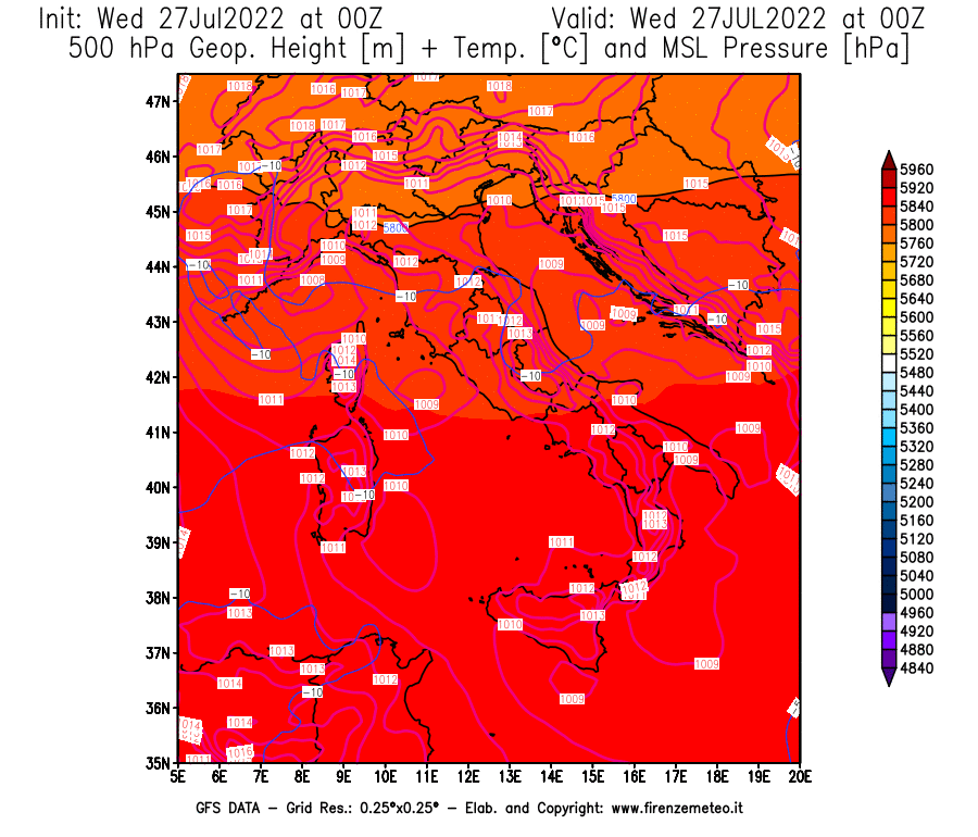 GFS analysi map - Geopotential [m] + Temp. [°C] at 500 hPa + Sea Level Pressure [hPa] in Italy
									on 27/07/2022 00 <!--googleoff: index-->UTC<!--googleon: index-->