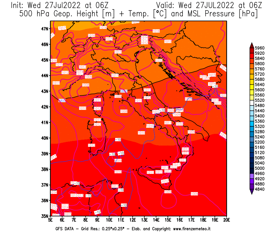GFS analysi map - Geopotential [m] + Temp. [°C] at 500 hPa + Sea Level Pressure [hPa] in Italy
									on 27/07/2022 06 <!--googleoff: index-->UTC<!--googleon: index-->