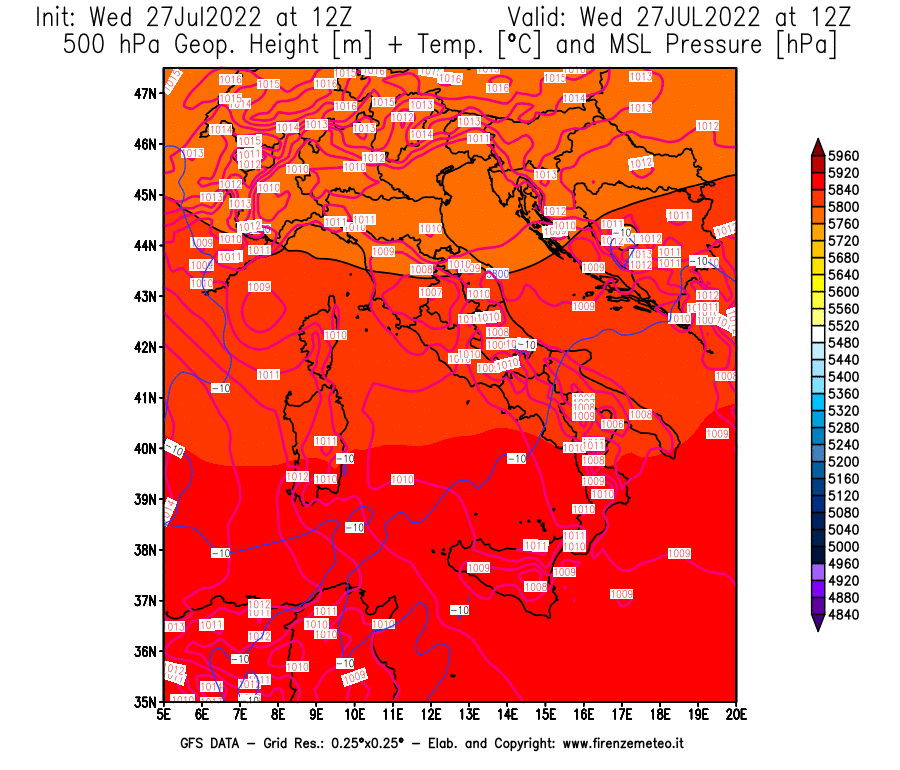 GFS analysi map - Geopotential [m] + Temp. [°C] at 500 hPa + Sea Level Pressure [hPa] in Italy
									on 27/07/2022 12 <!--googleoff: index-->UTC<!--googleon: index-->
