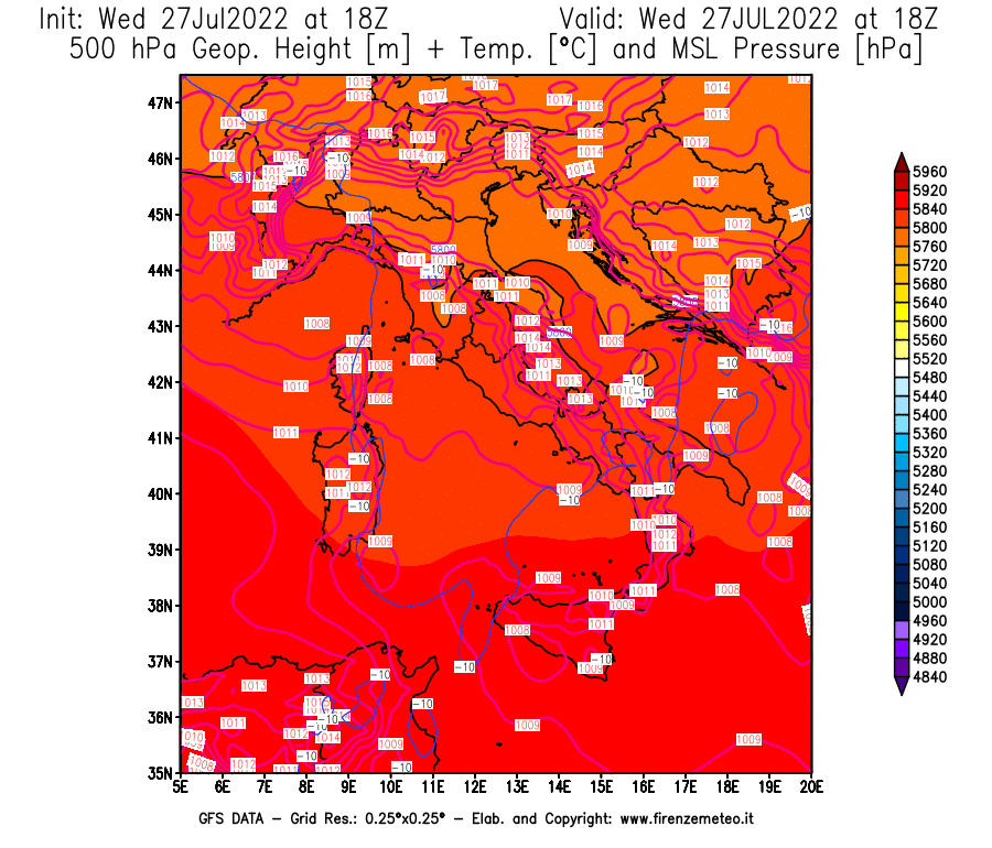 GFS analysi map - Geopotential [m] + Temp. [°C] at 500 hPa + Sea Level Pressure [hPa] in Italy
									on 27/07/2022 18 <!--googleoff: index-->UTC<!--googleon: index-->