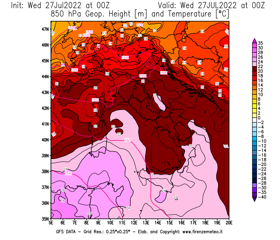 GFS analysi map - Geopotential [m] and Temperature [°C] at 850 hPa in Italy
									on 27/07/2022 00 <!--googleoff: index-->UTC<!--googleon: index-->