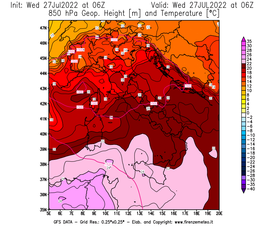 GFS analysi map - Geopotential [m] and Temperature [°C] at 850 hPa in Italy
									on 27/07/2022 06 <!--googleoff: index-->UTC<!--googleon: index-->