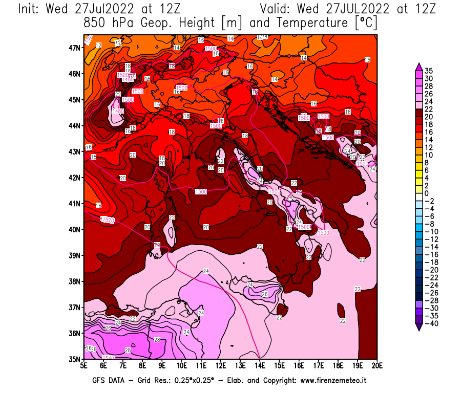 GFS analysi map - Geopotential [m] and Temperature [°C] at 850 hPa in Italy
									on 27/07/2022 12 <!--googleoff: index-->UTC<!--googleon: index-->