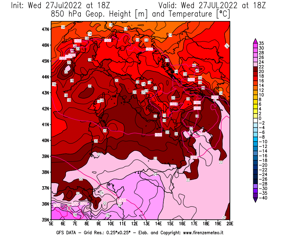 GFS analysi map - Geopotential [m] and Temperature [°C] at 850 hPa in Italy
									on 27/07/2022 18 <!--googleoff: index-->UTC<!--googleon: index-->