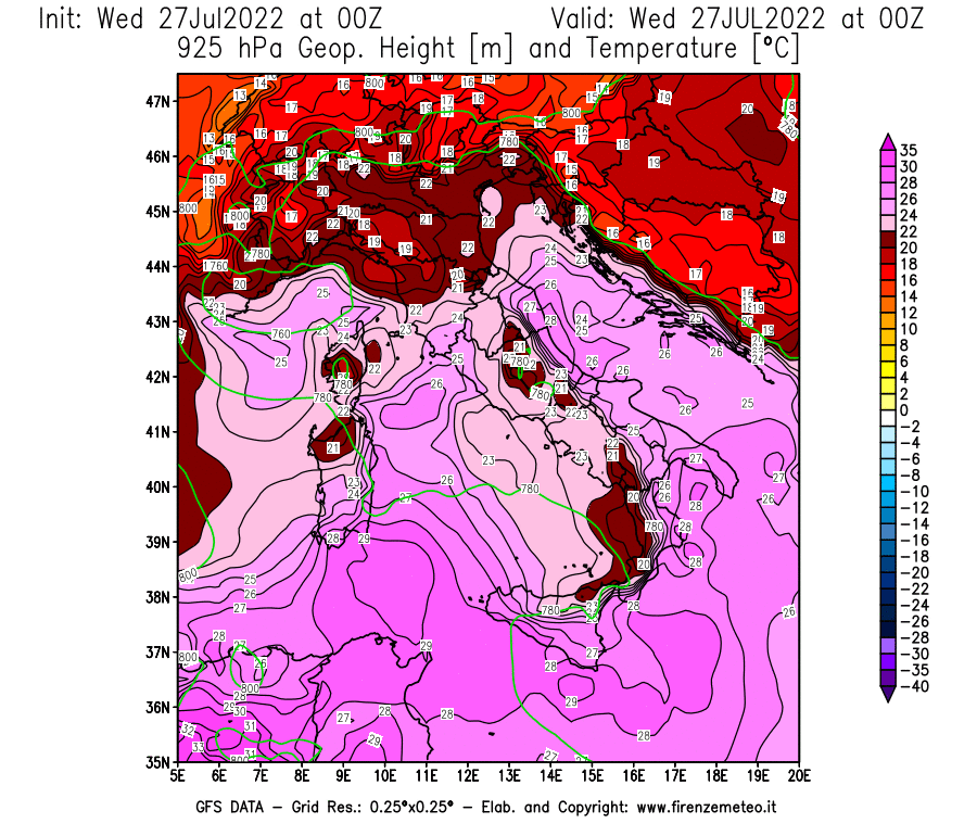 GFS analysi map - Geopotential [m] and Temperature [°C] at 925 hPa in Italy
									on 27/07/2022 00 <!--googleoff: index-->UTC<!--googleon: index-->