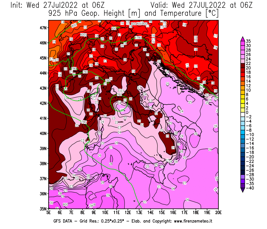GFS analysi map - Geopotential [m] and Temperature [°C] at 925 hPa in Italy
									on 27/07/2022 06 <!--googleoff: index-->UTC<!--googleon: index-->
