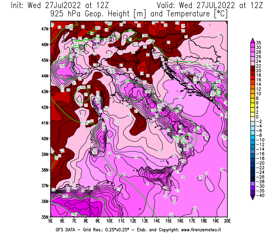 GFS analysi map - Geopotential [m] and Temperature [°C] at 925 hPa in Italy
									on 27/07/2022 12 <!--googleoff: index-->UTC<!--googleon: index-->