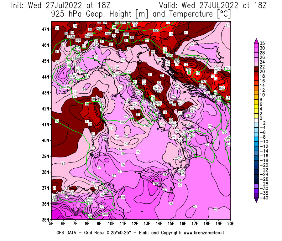 GFS analysi map - Geopotential [m] and Temperature [°C] at 925 hPa in Italy
									on 27/07/2022 18 <!--googleoff: index-->UTC<!--googleon: index-->