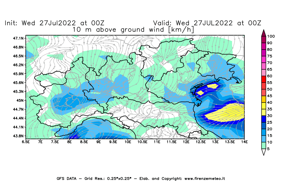 GFS analysi map - Wind Speed at 10 m above ground [km/h] in Northern Italy
									on 27/07/2022 00 <!--googleoff: index-->UTC<!--googleon: index-->