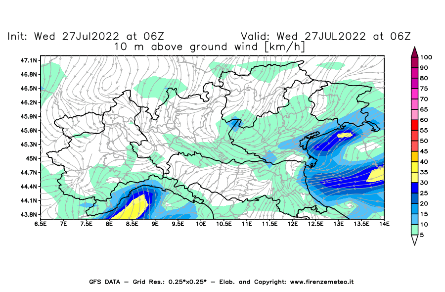 GFS analysi map - Wind Speed at 10 m above ground [km/h] in Northern Italy
									on 27/07/2022 06 <!--googleoff: index-->UTC<!--googleon: index-->