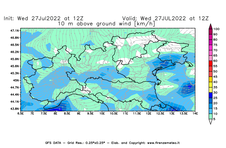 GFS analysi map - Wind Speed at 10 m above ground [km/h] in Northern Italy
									on 27/07/2022 12 <!--googleoff: index-->UTC<!--googleon: index-->