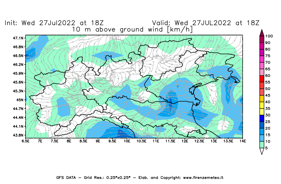 GFS analysi map - Wind Speed at 10 m above ground [km/h] in Northern Italy
									on 27/07/2022 18 <!--googleoff: index-->UTC<!--googleon: index-->