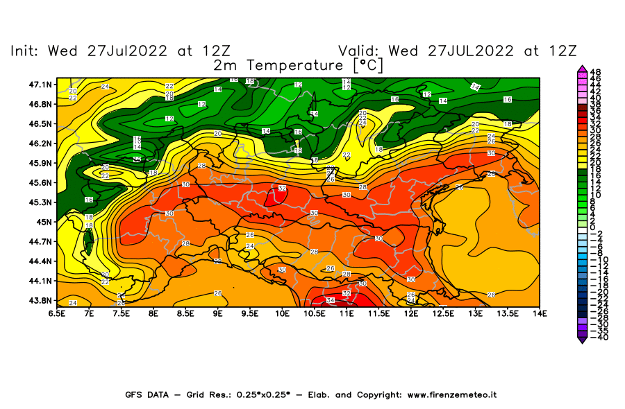 GFS analysi map - Temperature at 2 m above ground [°C] in Northern Italy
									on 27/07/2022 12 <!--googleoff: index-->UTC<!--googleon: index-->