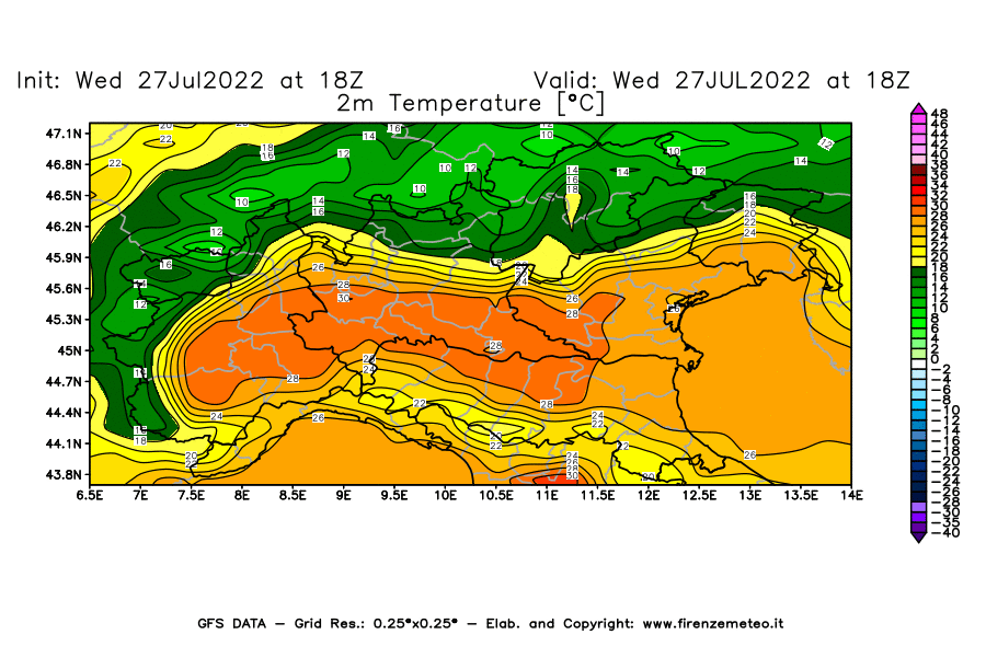 GFS analysi map - Temperature at 2 m above ground [°C] in Northern Italy
									on 27/07/2022 18 <!--googleoff: index-->UTC<!--googleon: index-->