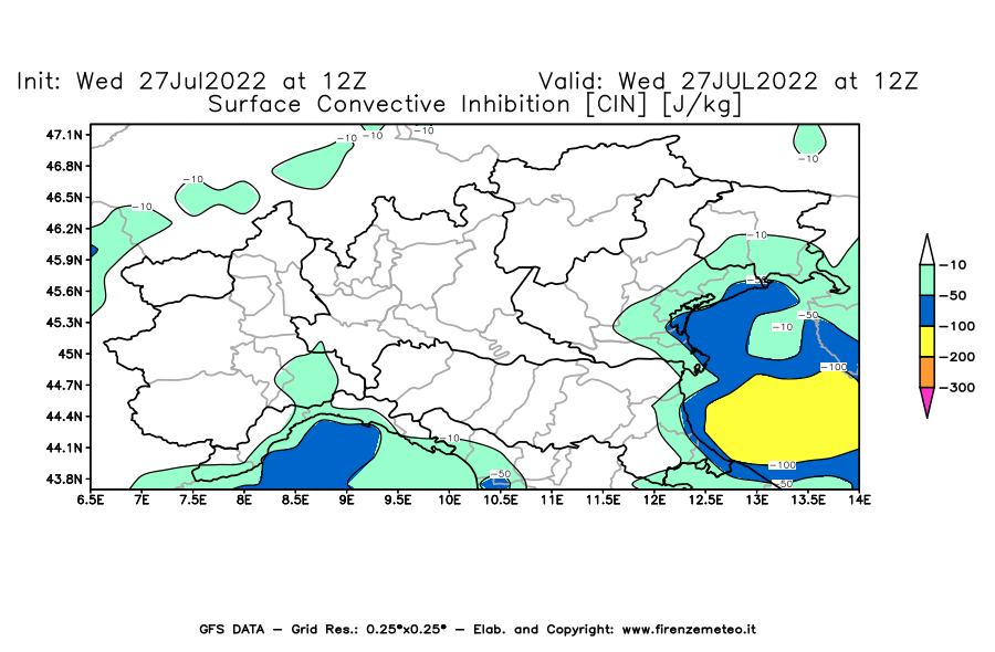 GFS analysi map - CIN [J/kg] in Northern Italy
									on 27/07/2022 12 <!--googleoff: index-->UTC<!--googleon: index-->