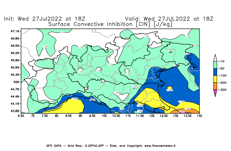 GFS analysi map - CIN [J/kg] in Northern Italy
									on 27/07/2022 18 <!--googleoff: index-->UTC<!--googleon: index-->