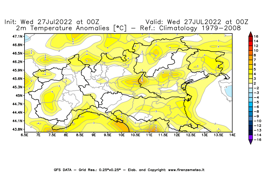 GFS analysi map - Temperature Anomalies [°C] at 2 m in Northern Italy
									on 27/07/2022 00 <!--googleoff: index-->UTC<!--googleon: index-->