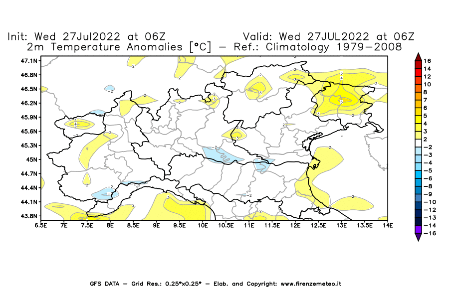 GFS analysi map - Temperature Anomalies [°C] at 2 m in Northern Italy
									on 27/07/2022 06 <!--googleoff: index-->UTC<!--googleon: index-->