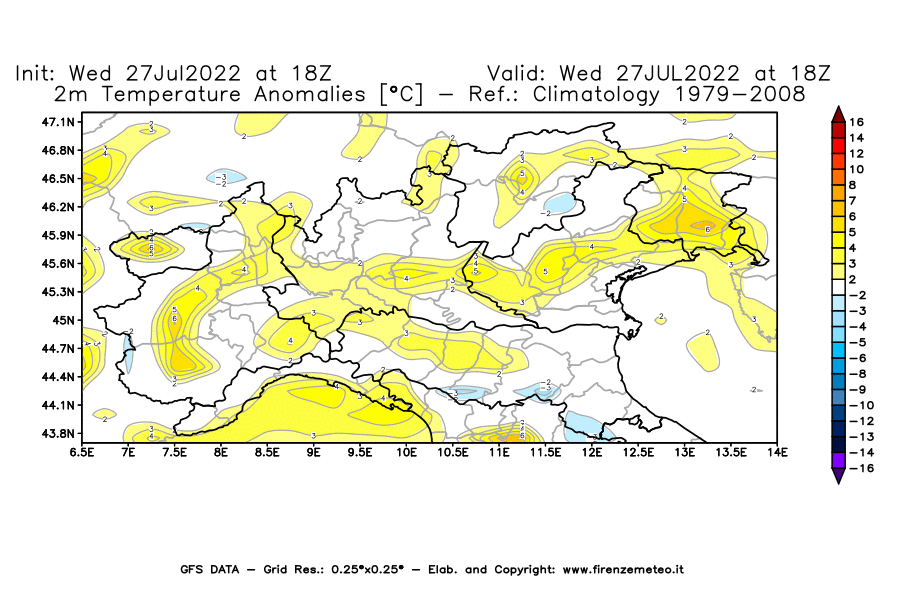 GFS analysi map - Temperature Anomalies [°C] at 2 m in Northern Italy
									on 27/07/2022 18 <!--googleoff: index-->UTC<!--googleon: index-->