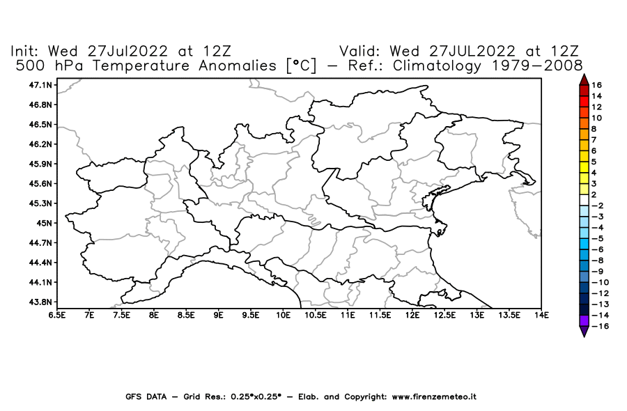 GFS analysi map - Temperature Anomalies [°C] at 500 hPa in Northern Italy
									on 27/07/2022 12 <!--googleoff: index-->UTC<!--googleon: index-->