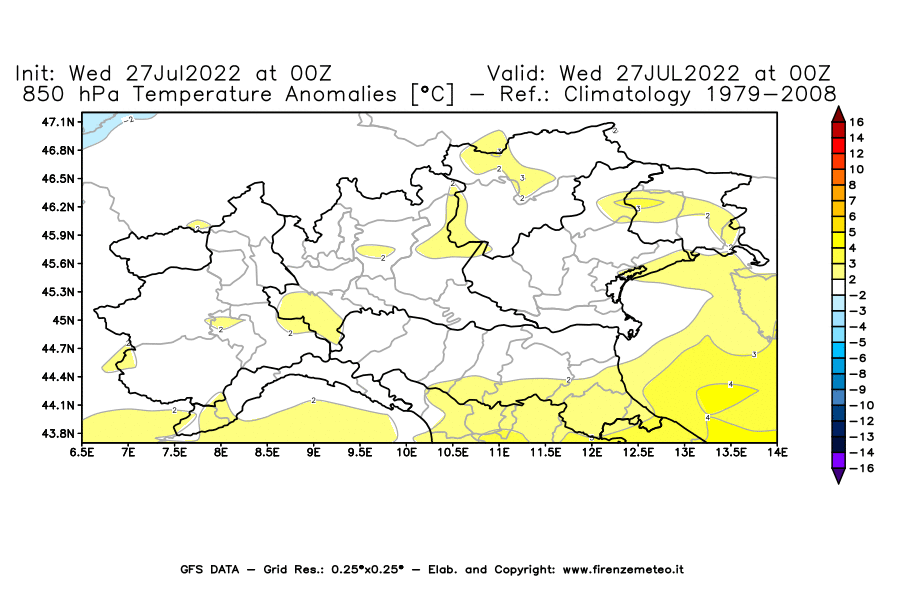GFS analysi map - Temperature Anomalies [°C] at 850 hPa in Northern Italy
									on 27/07/2022 00 <!--googleoff: index-->UTC<!--googleon: index-->