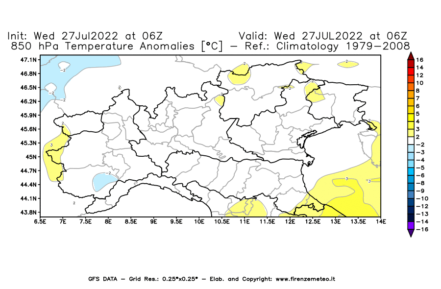 GFS analysi map - Temperature Anomalies [°C] at 850 hPa in Northern Italy
									on 27/07/2022 06 <!--googleoff: index-->UTC<!--googleon: index-->