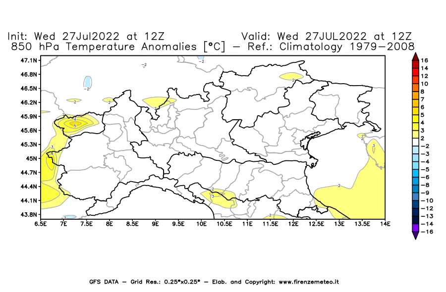 GFS analysi map - Temperature Anomalies [°C] at 850 hPa in Northern Italy
									on 27/07/2022 12 <!--googleoff: index-->UTC<!--googleon: index-->
