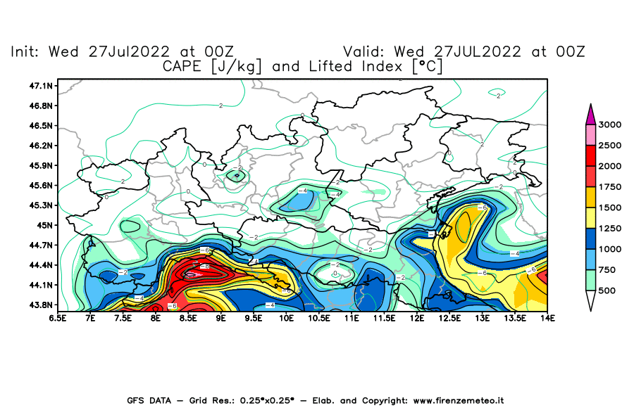 GFS analysi map - CAPE [J/kg] and Lifted Index [°C] in Northern Italy
									on 27/07/2022 00 <!--googleoff: index-->UTC<!--googleon: index-->