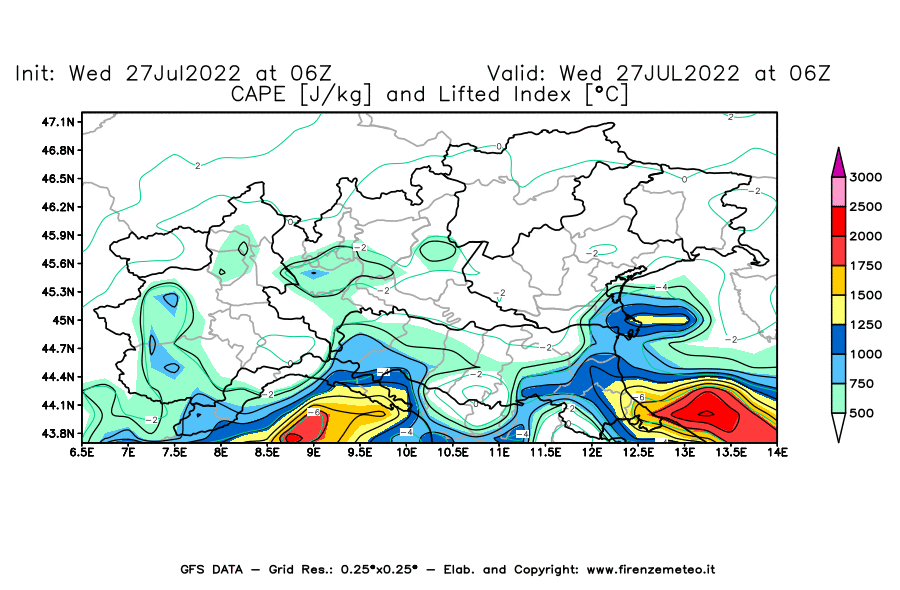 GFS analysi map - CAPE [J/kg] and Lifted Index [°C] in Northern Italy
									on 27/07/2022 06 <!--googleoff: index-->UTC<!--googleon: index-->
