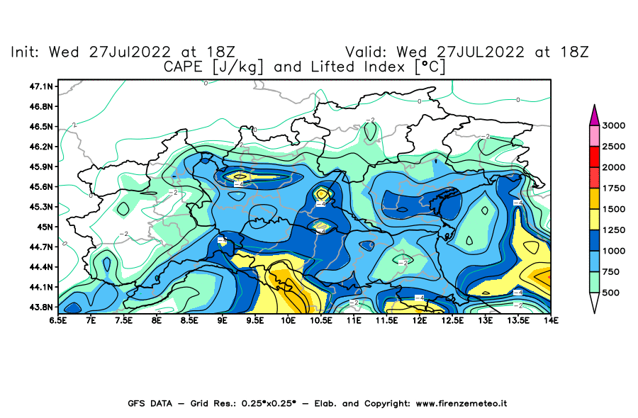 GFS analysi map - CAPE [J/kg] and Lifted Index [°C] in Northern Italy
									on 27/07/2022 18 <!--googleoff: index-->UTC<!--googleon: index-->