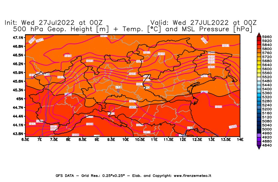 GFS analysi map - Geopotential [m] + Temp. [°C] at 500 hPa + Sea Level Pressure [hPa] in Northern Italy
									on 27/07/2022 00 <!--googleoff: index-->UTC<!--googleon: index-->