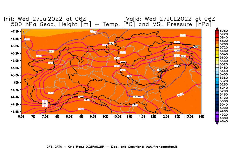 GFS analysi map - Geopotential [m] + Temp. [°C] at 500 hPa + Sea Level Pressure [hPa] in Northern Italy
									on 27/07/2022 06 <!--googleoff: index-->UTC<!--googleon: index-->