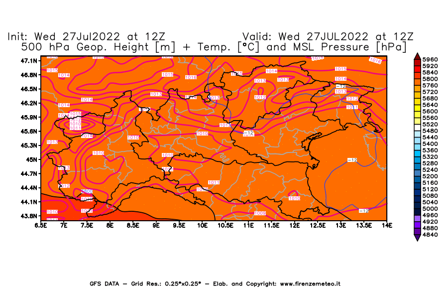 GFS analysi map - Geopotential [m] + Temp. [°C] at 500 hPa + Sea Level Pressure [hPa] in Northern Italy
									on 27/07/2022 12 <!--googleoff: index-->UTC<!--googleon: index-->