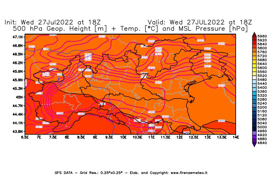 GFS analysi map - Geopotential [m] + Temp. [°C] at 500 hPa + Sea Level Pressure [hPa] in Northern Italy
									on 27/07/2022 18 <!--googleoff: index-->UTC<!--googleon: index-->