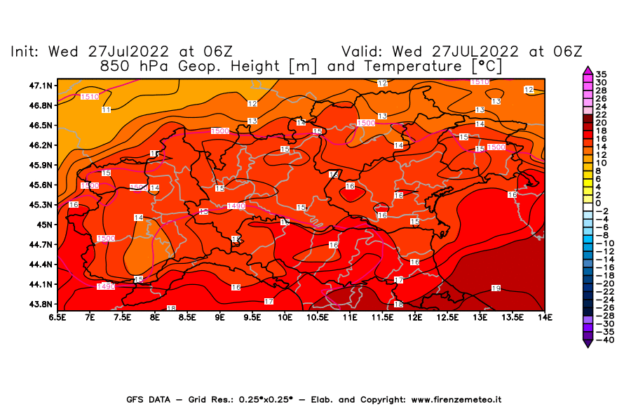 GFS analysi map - Geopotential [m] and Temperature [°C] at 850 hPa in Northern Italy
									on 27/07/2022 06 <!--googleoff: index-->UTC<!--googleon: index-->