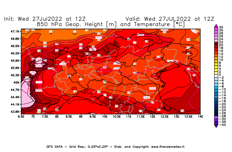 GFS analysi map - Geopotential [m] and Temperature [°C] at 850 hPa in Northern Italy
									on 27/07/2022 12 <!--googleoff: index-->UTC<!--googleon: index-->