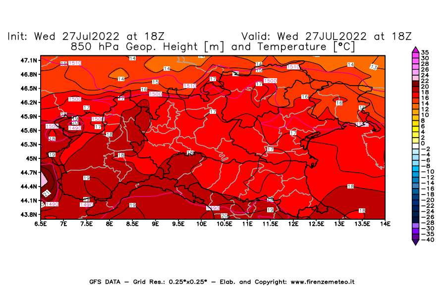 GFS analysi map - Geopotential [m] and Temperature [°C] at 850 hPa in Northern Italy
									on 27/07/2022 18 <!--googleoff: index-->UTC<!--googleon: index-->