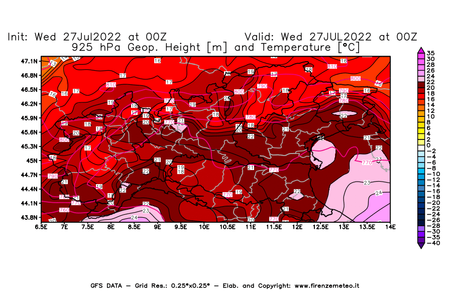GFS analysi map - Geopotential [m] and Temperature [°C] at 925 hPa in Northern Italy
									on 27/07/2022 00 <!--googleoff: index-->UTC<!--googleon: index-->