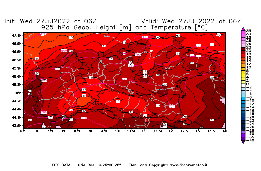 GFS analysi map - Geopotential [m] and Temperature [°C] at 925 hPa in Northern Italy
									on 27/07/2022 06 <!--googleoff: index-->UTC<!--googleon: index-->